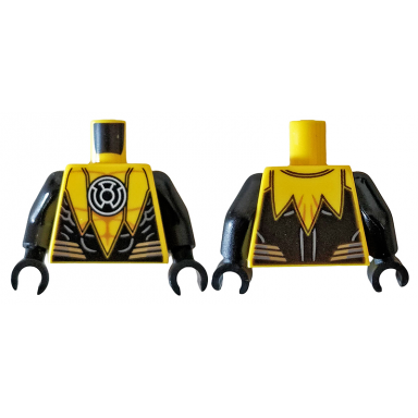 yellow torso super hero yellow lantern logo on black circle muscle contours black scalloped panels silver stripes pattern black arms black hands