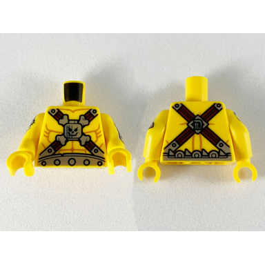 yellow torso muscles outline cross straps silver belt buckles head crossbones pattern yellow arms with surfboard and chainsaw pattern yellow hands