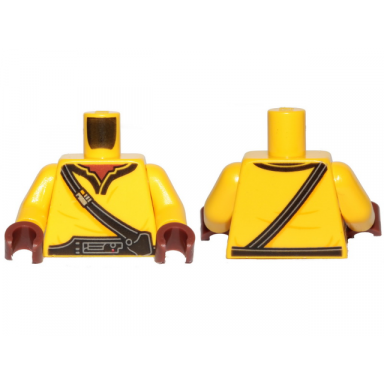 yellow torso sw tunic with reddish brown neck and black trim and belts pattern lando calrissian yellow arms reddish brown hands