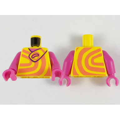 yellow torso dress with coral swirls and shoulder strap dark pink neck pattern dark pink arms dark pink hands