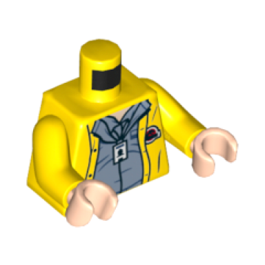 yellow torso hoodie with dark bluish gray shirt id badge and jurassic park logo front and back pattern yellow arms light nougat hands