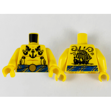 yellow torso pirate bare chest with muscles outline blue sash with gold stripes and clasp black anchor mermaids parrots and ship tattoos pattern yellow arms yellow hands