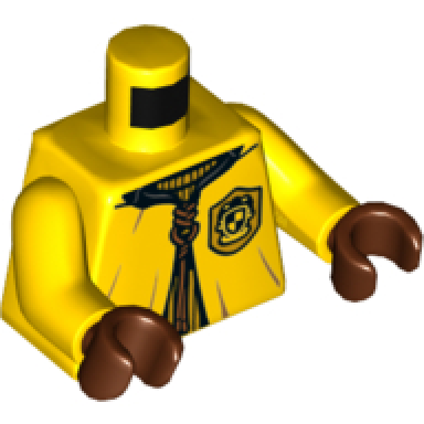 yellow torso quidditch robe over sweater yellow collar and hufflepuff crest and dark orange lacing pattern yellow arms reddish brown hands