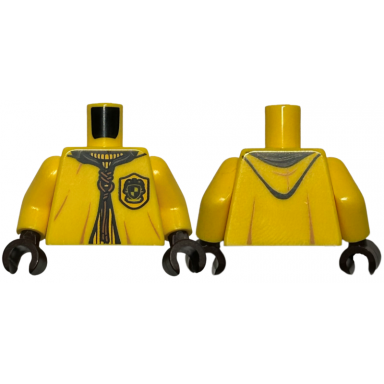 yellow torso quidditch robe over sweater yellow collar and hufflepuff crest and dark orange lacing pattern yellow arms dark brown hands