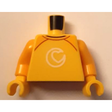 yellow torso shirt with bright light orange collar and shoulders and white play day emotional heart logo pattern bright light orange arms yellow hands