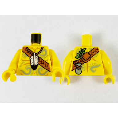 yellow torso bare chest muscles outline feather necklace dark orange crossbelt and light bluish gray filigree tattoos pattern yellow arms yellow hands