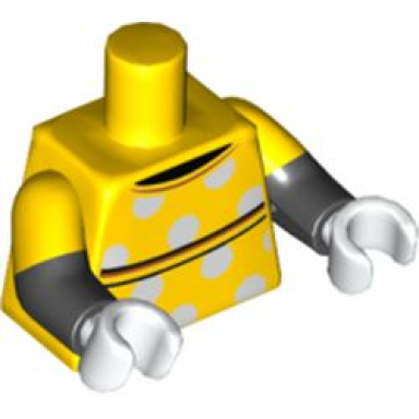 yellow torso dress with white polka dots black collar and sash pattern black arms with molded yellow short sleeves pattern white hands