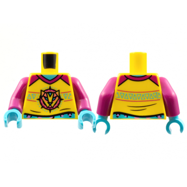yellow torso medium azure neck magenta collar leopard logo pattern magenta arms medium azure hands