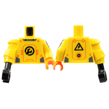 yellow torso armor black wrench orange panel lines pattern yellow arm left with black s pattern and orange hand yellow mech arm and black claw right