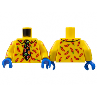 yellow torso collar shirt red peppers black tie with red orange and bright green polka dots pattern yellow arms with red peppers pattern blue hands