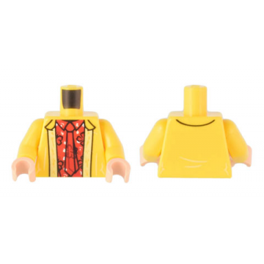 yellow torso jacket over red flower shirt with collar and tie pattern yellow arms light nougat hands