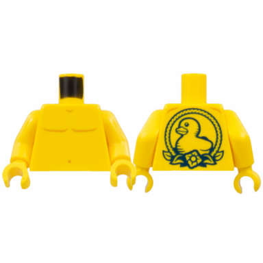 yellow torso bare chest with body lines and navel duckling tattoo in black circle with flower and leaves on back pattern yellow arms yellow hands