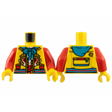yellow torso jacket dark turquoise drawstring and hood gold zipper monkey king face logo pattern red arms yellow hands