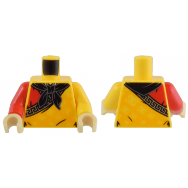 yellow torso tunic with clouds on bright light orange background gold geometric trim red shoulder black bandana pattern yellow arm left red arm right tan hands