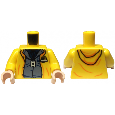 yellow torso hoodie over sand blue shirt and dark blue undershirt id badge jurassic park logo pattern yellow arms light nougat hands