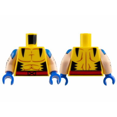 yellow torso super hero costume with reddish brown muscles outline black jagged panels red belt with x-men logo buckle pattern light nougat arms with blue shoulders and black hair pattern blue hands