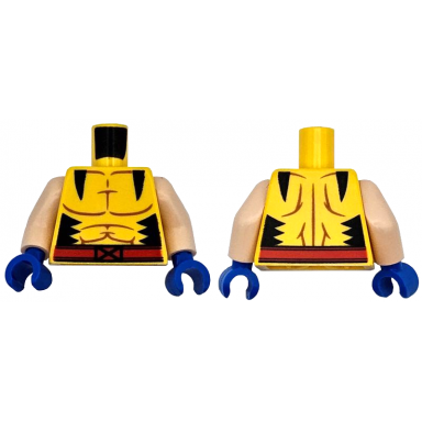 yellow torso super hero costume with reddish brown muscles outline black jagged panels red belt with x-men logo buckle pattern light nougat arms blue hands