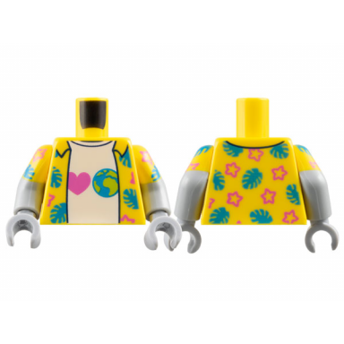 yellow torso hawaiian shirt open with dark azure leaves and dark pink stars over white t-shirt with heart and earth pattern light bluish gray arms with molded yellow short sleeves and printed dark azure leaves and dark pink stars pattern light bluish gray hands