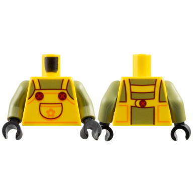 yellow torso overalls with pocket olive green chest reddish brown lines and buttons orange trim and flower pattern olive green arms black hands