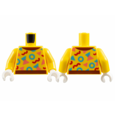 yellow torso top with reddish brown collar and hem bright light blue coral and red circles and triangles pattern yellow arms white hands