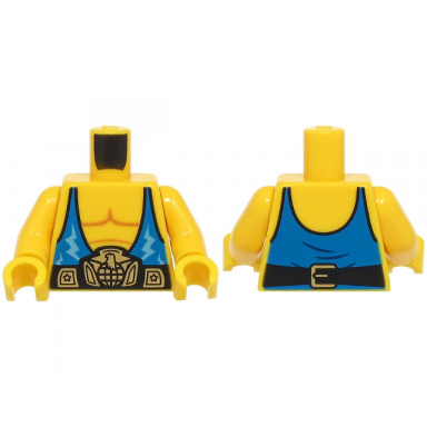 yellow torso with muscles outline blue tank top with medium blue lightning bolts black and gold wrestling belt pattern bam yellow arms yellow hands