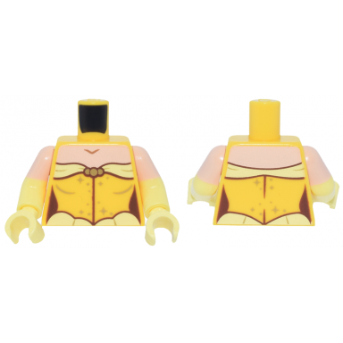 yellow torso female dress with bright light yellow trim gold sparkles light nougat neck pattern bright light yellow arms with molded light nougat short sleeves pattern bright light yellow hands
