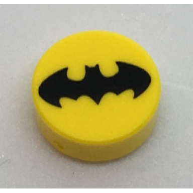 yellow tile round 1 x 1 with black bat batman logo pattern