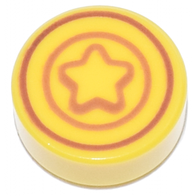 yellow tile round 1 x 1 with reddish brown and dark orange star and concentric circles pattern animal crossing bell