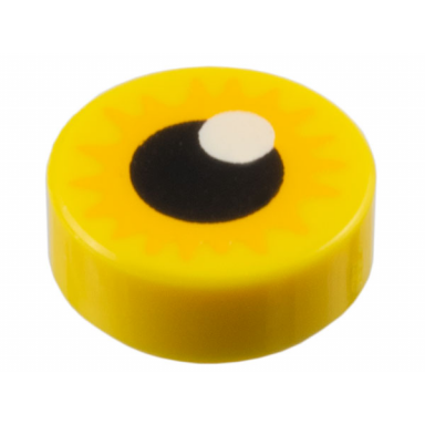 yellow tile round 1 x 1 with eye with bright light orange starburst iris and black pupil with white glint pattern
