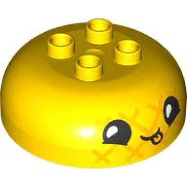yellow duplo brick round 4 x 4 dome top with 2 x 2 studs with black eyes white pupils bright light orange tongue and crisscross pineapple pattern