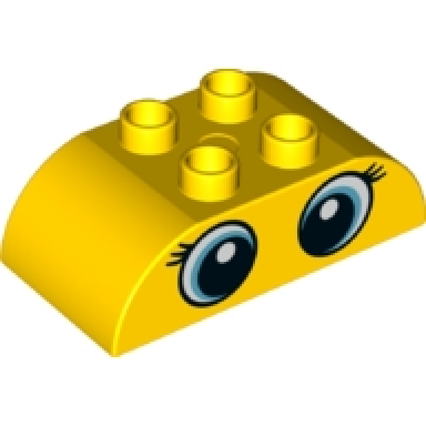 yellow duplo brick 2 x 4 slope curved double with circled black eyes with eyelashes medium azure highlights and white pupils and crescents pattern