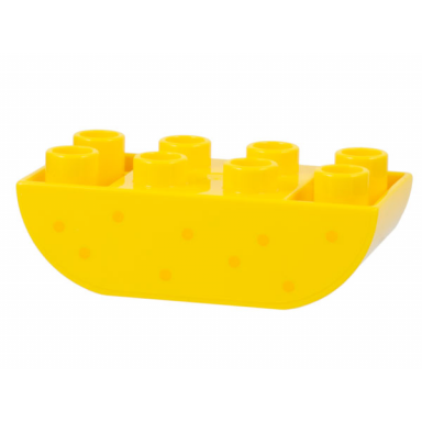 yellow duplo brick 2 x 4 slope curved inverted double with bright light orange dots pattern