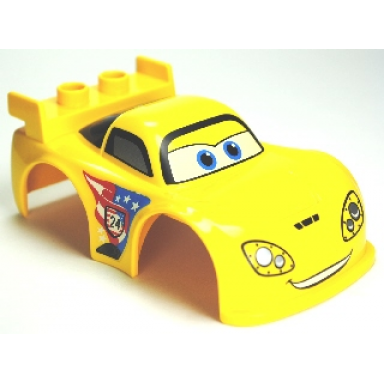yellow duplo car body 2 studs on spoiler with cars jeff gorvette pattern