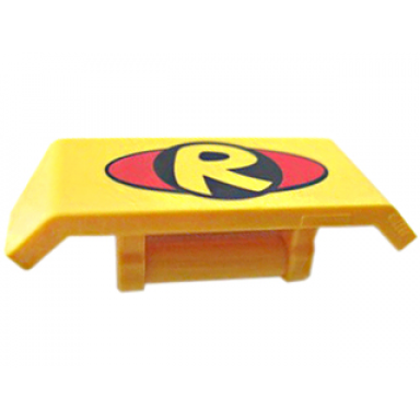 yellow vehicle spoiler with bar handle with letter r inside black circle on red oval pattern