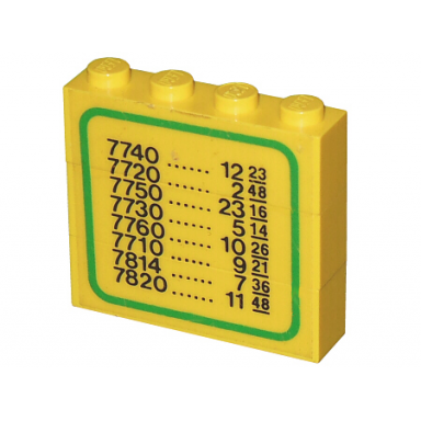 yellow stickered assembly 4 x 1 x 3 with train schedule pattern on both sides stickers - sets 7740 7822 - 3 brick 1 x 4