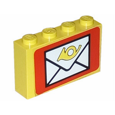 yellow stickered assembly 4 x 1 x 2 with mail envelope pattern sticker - set 6689 - 2 brick 1 x 4