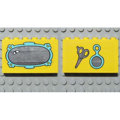 yellow stickered assembly 6 x 1 x 3 with fabuland mirror and scissors pattern stickers - set 3623 - 3 brick 1 x 6