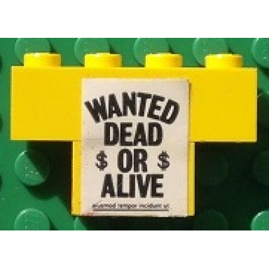 yellow stickered assembly 4 x 1 x 2 with wanted dead or alive pattern sticker - set 365 - 1 brick 1 x 4 1 brick 1 x 2