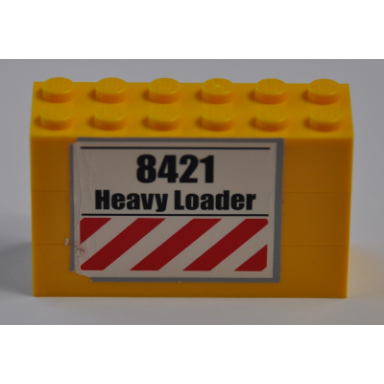 yellow stickered assembly 6 x 2 x 3 with 8421 heavy loader and red and white danger stripes pattern sticker - set 8421 - 3 brick 2 x 6