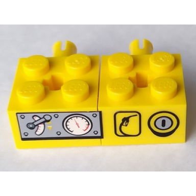 yellow stickered assembly 4 x 2 x 1 with gauges pattern model right side sticker - set 7344 - 2 brick modified 2 x 2 with pin and axle hole
