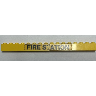 yellow stickered assembly 16 x 1 x 1 with black fire station pattern sticker - set 374-1 - 2 brick 1 x 8