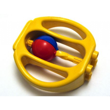 yellow duplo rattle oval with red and blue wheel