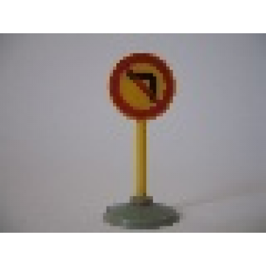 yellow road sign with post round with left turn prohibited pattern type 1 base