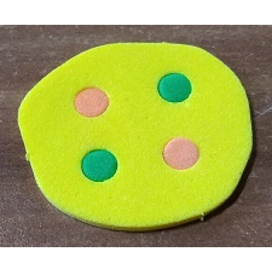 yellow foam scala pizza with 4 holes with 2 red and 2 green dots