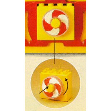 yellow duplo brick 2 x 4 x 3 with rotating white and red spiral
