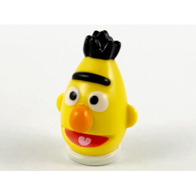 yellow minifigure head modified sesame street bert with black hair orange nose and red mouth pattern