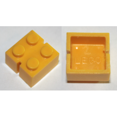 yellow brick 2 x 2 without bottom tubes slotted with 2 slots opposite