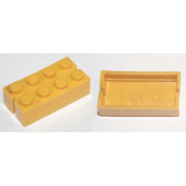 yellow brick 2 x 4 without bottom tubes slotted with 2 slots opposite