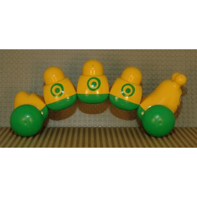yellow primo vehicle caterpillar with green wheels and circles pattern