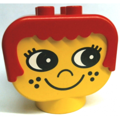 yellow duplo figure head human 2 x 2 base with fixed red hair with eyes looking left nose freckles and grin pattern